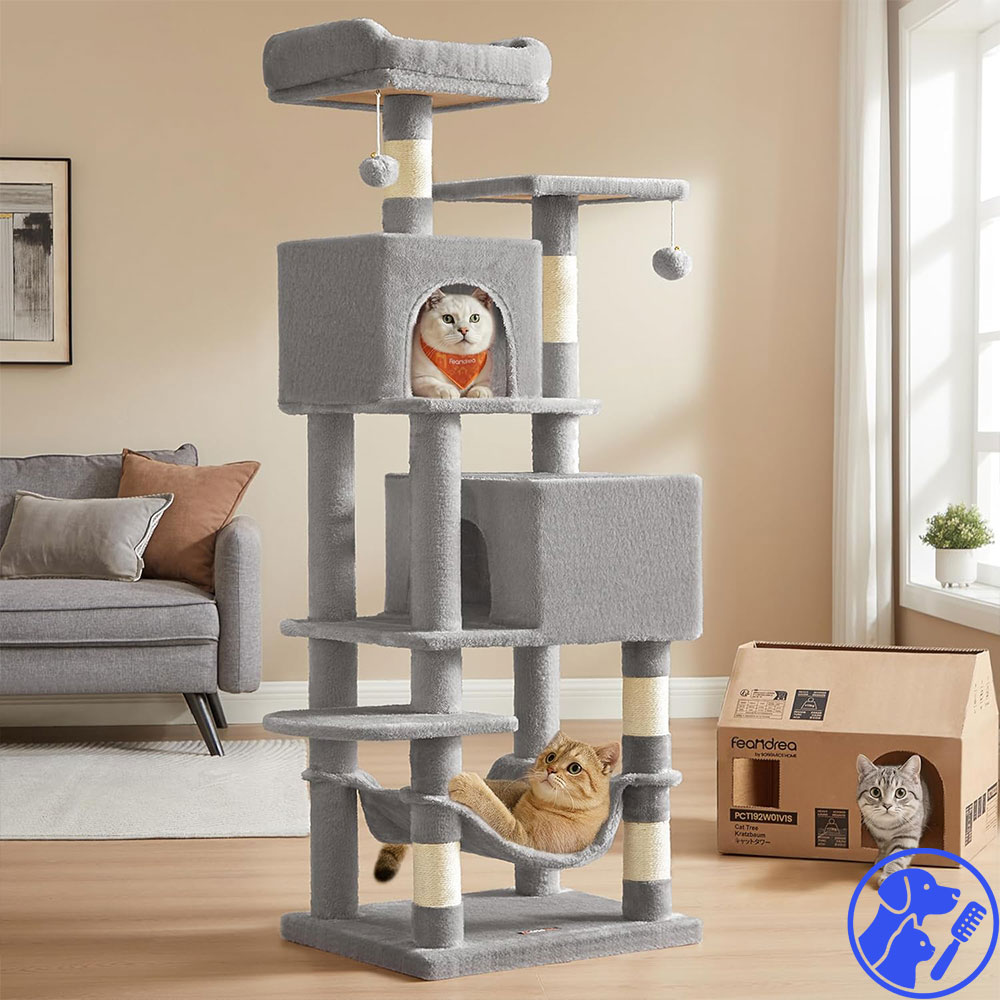 61-Inch-Multi-Level-Cat-Tree-Tower-with-Perches,-Caves,-Hammock-&-Scratching-Posts 61-Inch Multi-Level Cat Tree Tower with Perches, Caves, Hammock & Scratching Posts - Image 1