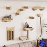 8-Piece Natural Wood Wall-Mounted Cat Climbing Set with Platforms, Bed, Scratching Posts & Sisal Rope